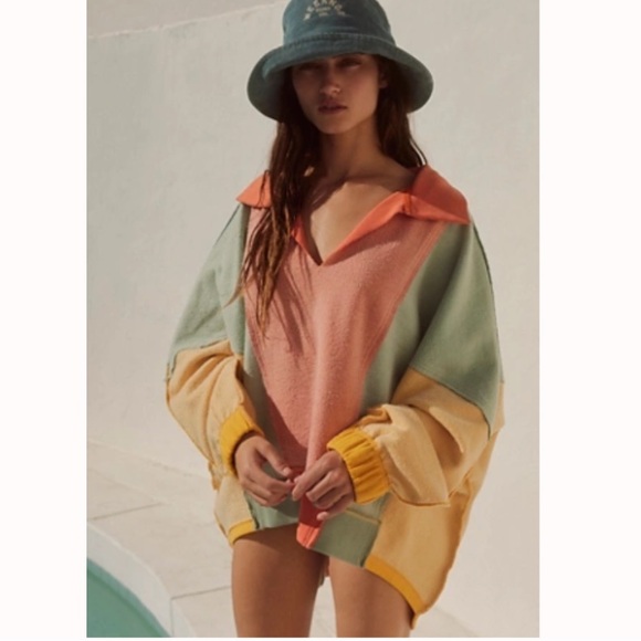 Free People Sidewalk Sweatshirt Polo-collared Colorblock Pullover - Picture 5 of 8